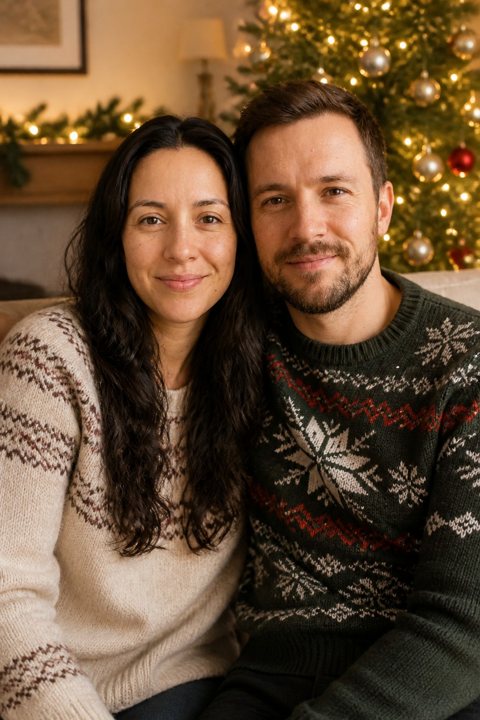 A couple by their Christmas tree